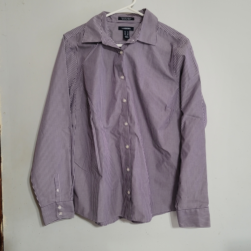 Lands End Womens Top Sz 14 Purple White Striped No Iron Button Down Shirt Blouse